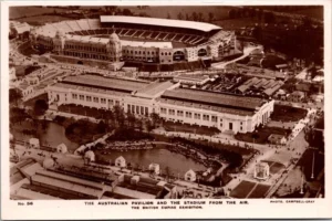 Aerial view of Wembley Stadium and the Australian Pavilion, The British Empire Exhibition 1924